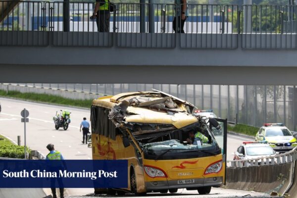 14 injured after Hong Kong coach strikes footbridge, loses front roof section