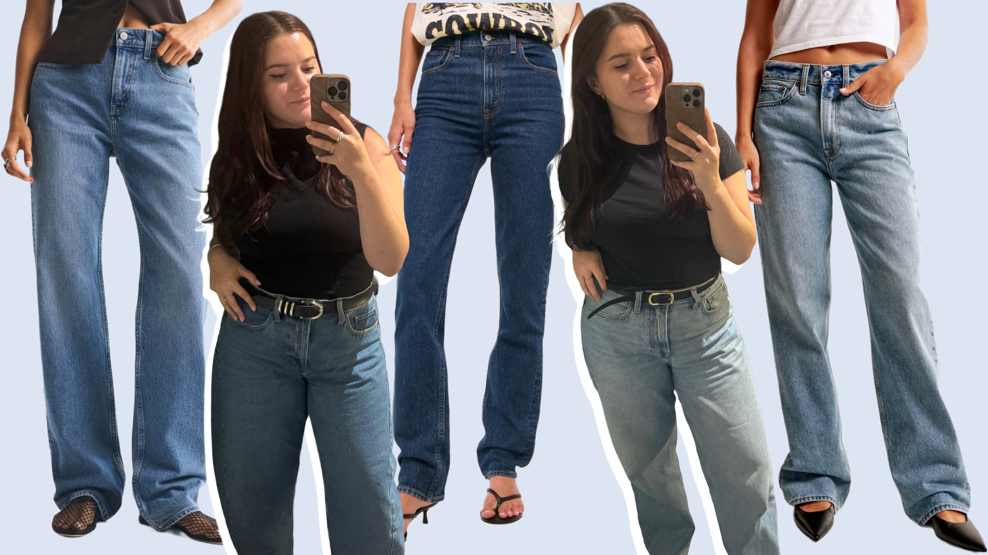 Split image of brooke knappenberger posing in mirror wearing abercrombie jeans overlaid with models in jeans on a light blue background