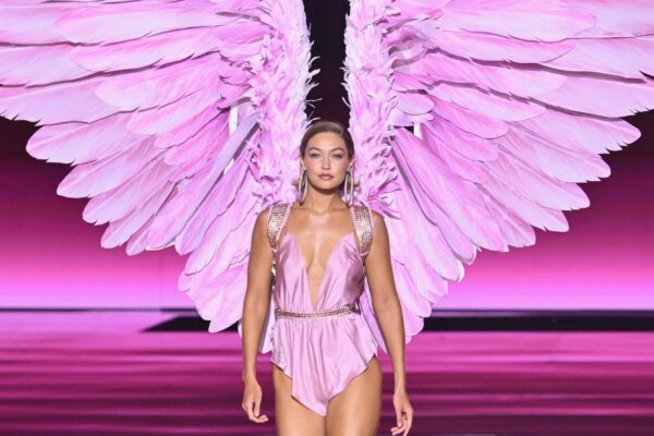 Gigi Hadid walks the 2024 Victoria's Secret Fashion Show runway with pink feathered wings