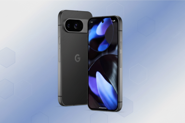 A dark gray smartphone with a prominent camera bar on the back and a screen displaying abstract blue and purple shapes, set against a professional flat design background with soft hexagonal patterns and a blue gradient.