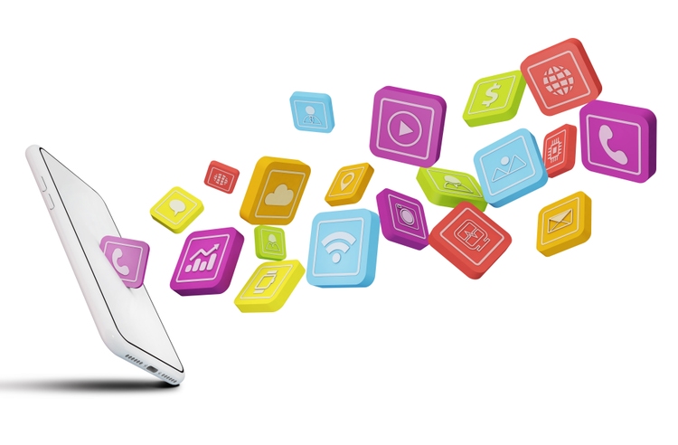 Mobile application icons coming out of a cell phone