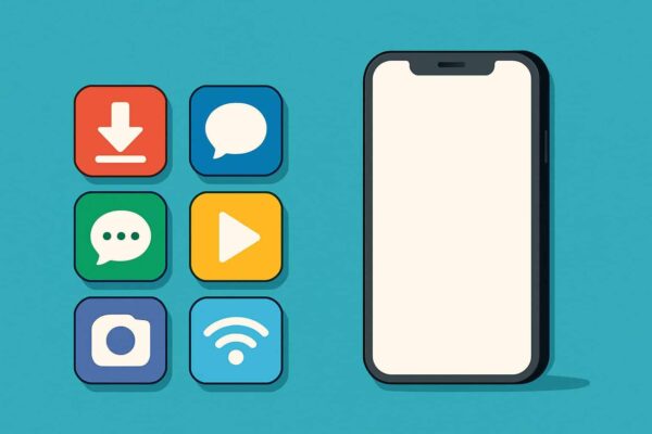 Smartphone display with icons for six must-have free apps to download on iOS and Android