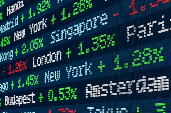 Stock ticker with index changes of the global markets.