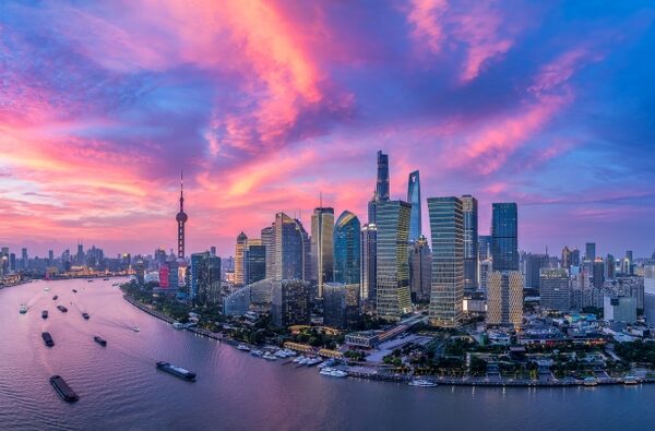 Shanghai downtown business buildings skyline and river