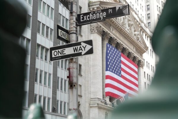 New York Manhattan Downtown Financial District, USA. American Wall street. Stock Exchange. Road sign