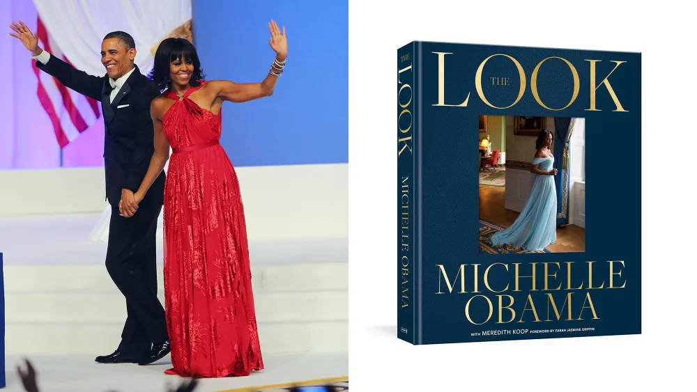michelle obama and barack obama waving to a crowd, with her wearing a red dress; michelle obama's new book over a white background