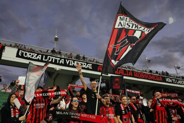 PERTH, AUSTRALIA - JULY 31: AC Milan fans show their support before the match between Perth Glory and AC Milan at HBF Park on July 31, 2025 in Perth, Australia. (Photo by Paul Kane/Getty Images)