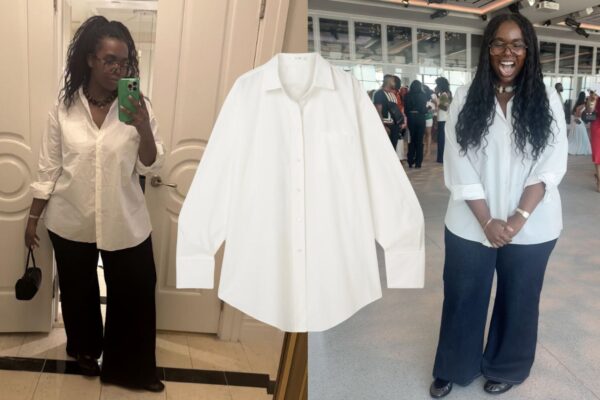a collage of Tariro Makoni wearing button-up shirts from The Row