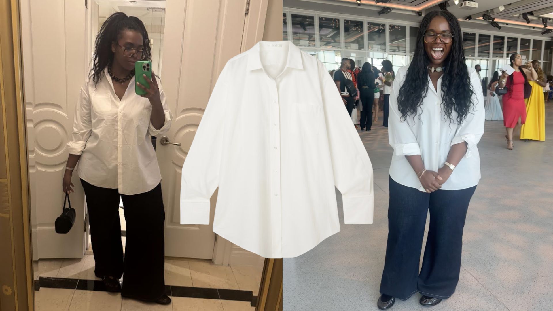 a collage of Tariro Makoni wearing button-up shirts from The Row