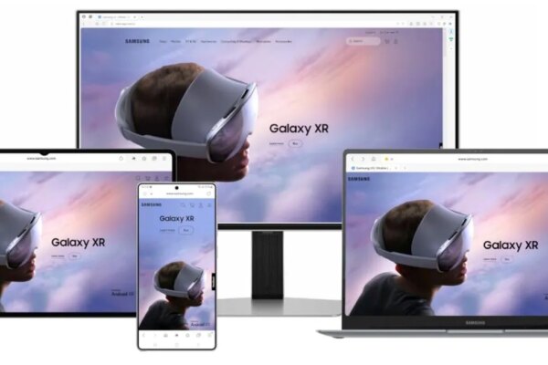 An image showing Samsung XR set on a Samsung browser on a phone, laptop, and desktop screen