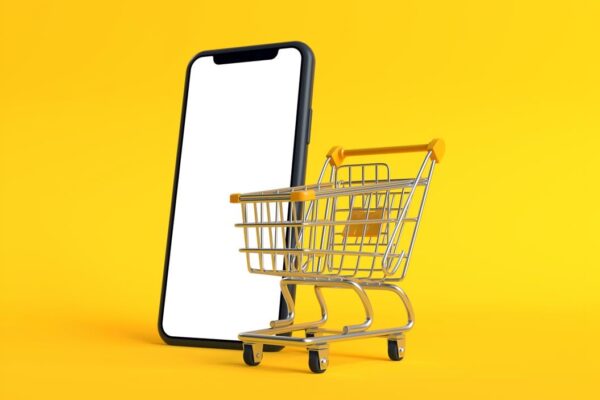A small shopping cart stands in front of a smartphone with a blank white screen on a bright yellow background, symbolizing online shopping or the convenience of shopping apps.