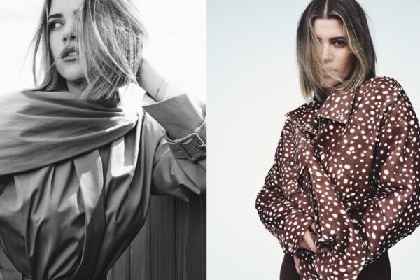 sofia richie grainge pictured in black and white and in color, wearing staples from her new SRG collection at Revolve