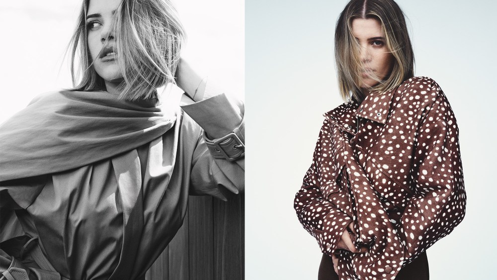 sofia richie grainge pictured in black and white and in color, wearing staples from her new SRG collection at Revolve