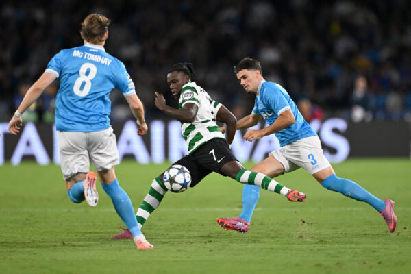 NAPLES, ITALY - OCTOBER 01: Geovany Quenda of Sporting Clube de Portugal battles for possession with Miguel Gutierrez of SSC Napoli during the UEFA Champions League 2025/26 League Phase MD2 match between SSC Napoli and Sporting Clube de Portugal at Stadio Diego Armando Maradona on October 01, 2025 in Naples, Italy. (Photo by Francesco Pecoraro/Getty Images)