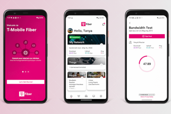 Three smartphone screens displaying the T-Mobile Fiber app. The first screen shows a welcome message and network diagram. The second screen shows a personalized dashboard with network status, connected devices, and people. The third screen displays a bandwidth test result.