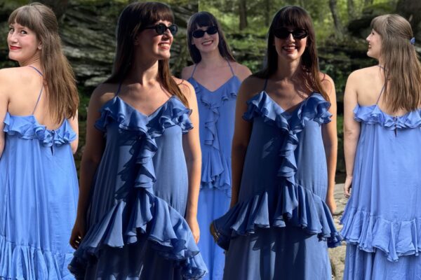 Halie LeSavage wearing a Delphine dress to several weddings