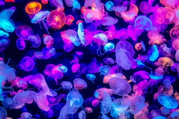 school of colorful jellyfish