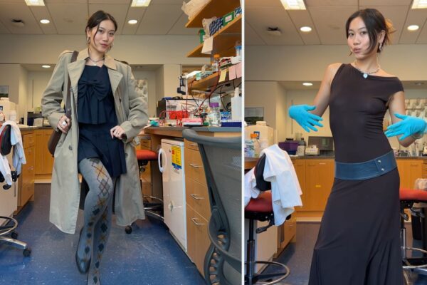 A collage of Vivian Li in a science lab wearing a black dress, argyle tights, a trench coat, and a brown dress.