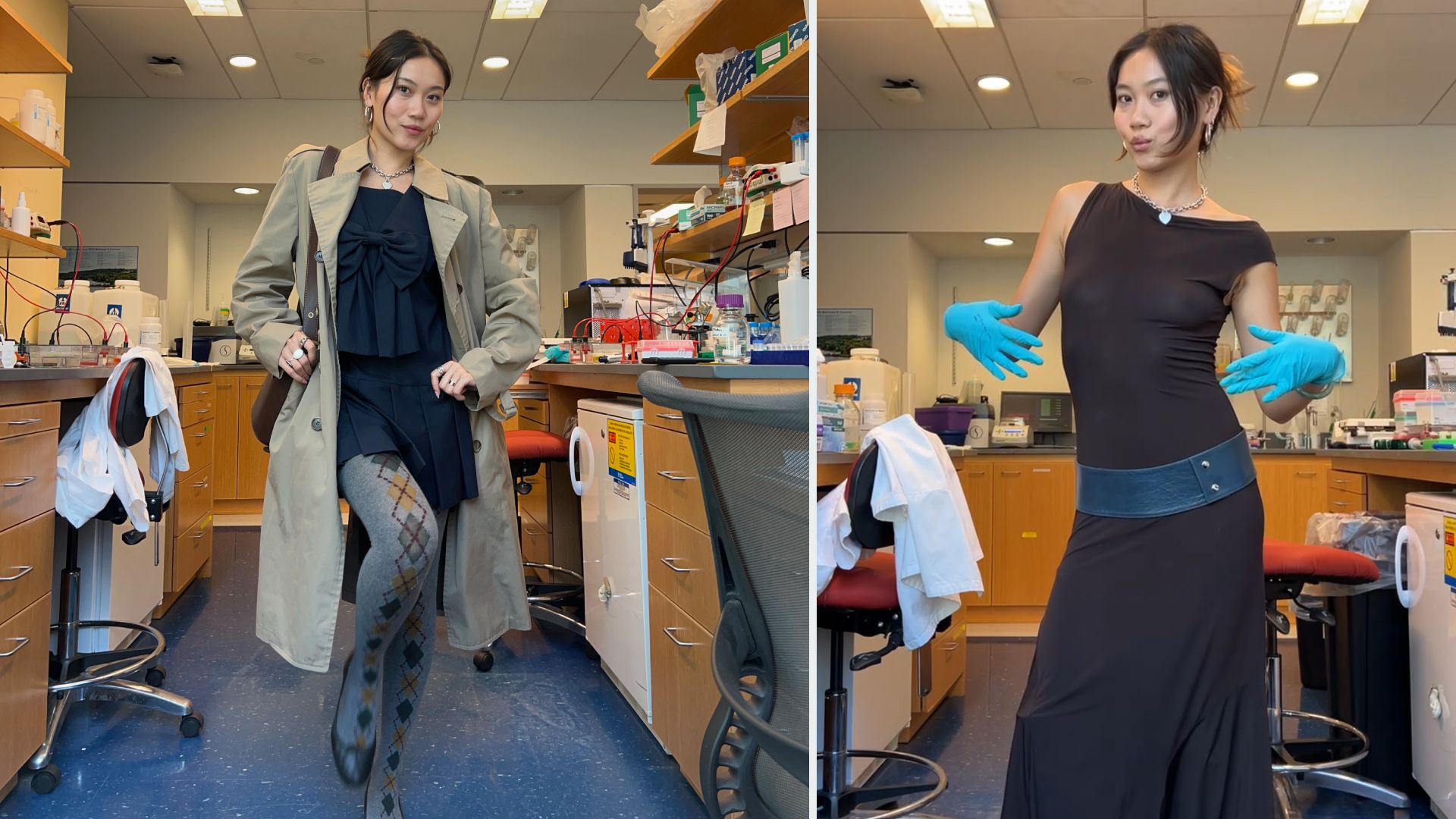 A collage of Vivian Li in a science lab wearing a black dress, argyle tights, a trench coat, and a brown dress.