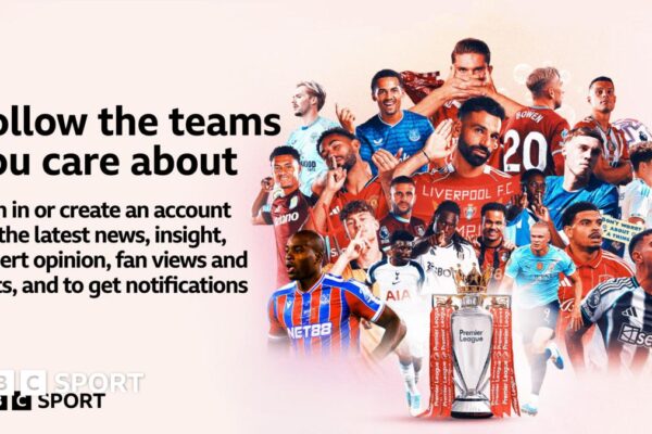 A graphic showing players from all 20 Premier League clubs with the text: "Follow the teams you care about. Sign in or create an account for the latest news, insight, expert opinion, fan views and stats, and to get notifications."