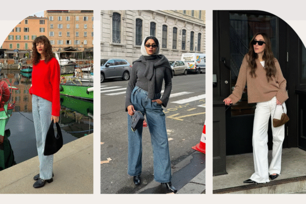 Influencers Lena Farl, Julie Sergent Ferreri, Sarah Rose Palm wearing jumper and jeans outfits.
