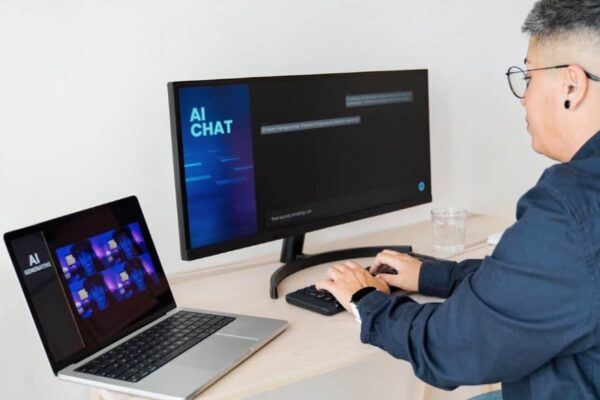 Business woman creating images with artificial intelligence inside office