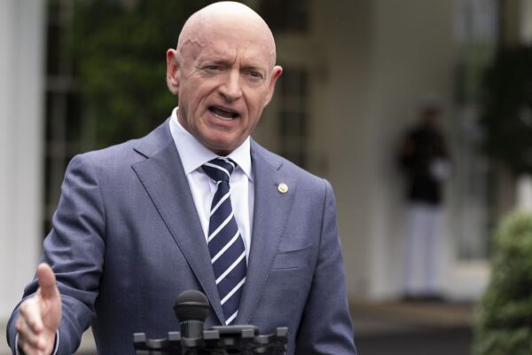 Sen. Mark Kelly, D-Ariz., speaks about the southern border outside the West Wing of the White House, Tuesday, June 4, 2024, in Washington. (AP Photo/Manuel Balce Ceneta, file)