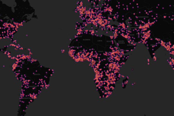 Map of the world with spots depicting the global scale of China's loans and grants.