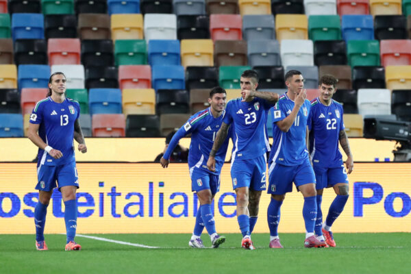 UDINE, ITALY - OCTOBER 14: Gianluca Mancini of Italy celebrates scoring his team