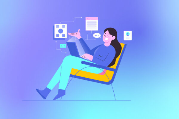 Illustration of a woman sitting in a chair using a laptop, surrounded by floating digital icons and documents on a blue gradient background.