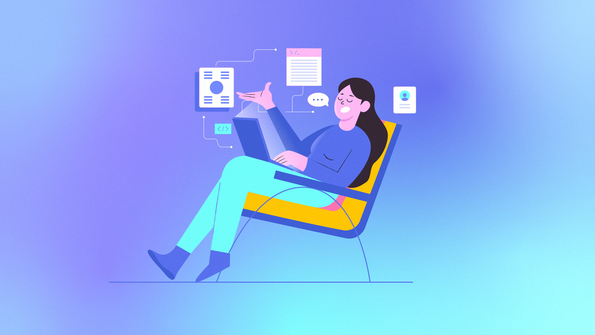 Illustration of a woman sitting in a chair using a laptop, surrounded by floating digital icons and documents on a blue gradient background.