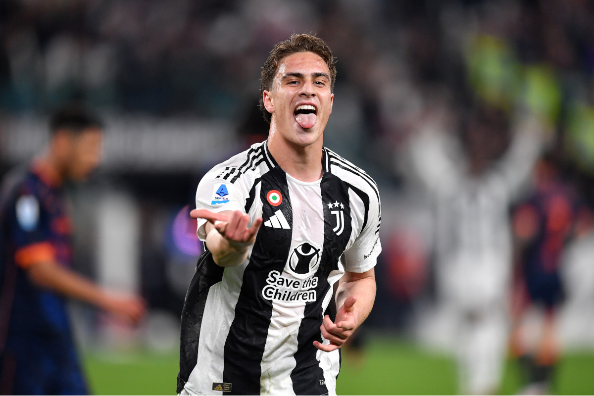 TURIN, ITALY - APRIL 12: Kenan Yildiz of Juventus celebrates scoring his team