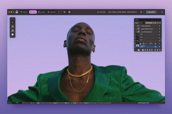 Canva Affinity app interface on a purple background with an image showing a black model posing