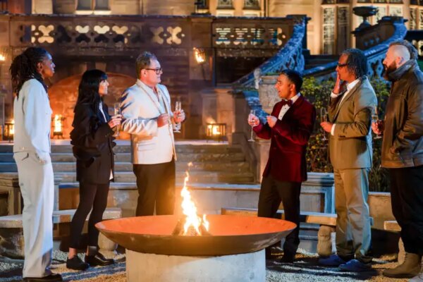 The Celebrity Traitors - Cat Burns, Claudia Winkleman, Alan Carr, Nick Mohammed, David Olusoga & Joe Marler