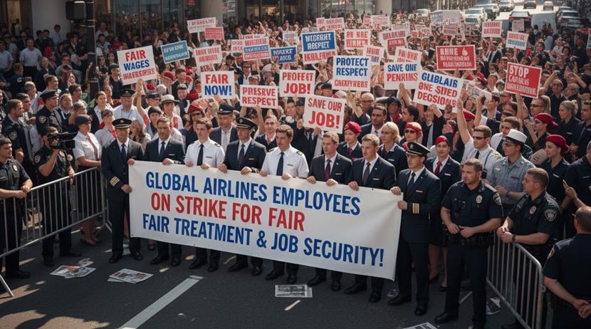A protest scene outside a major us airline headquarters, with workers holding signs demanding fair treatment and job security.