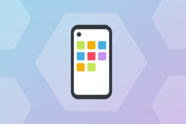 A smartphone icon with colorful app squares on a professional flat design background with soft patterns and gradients.