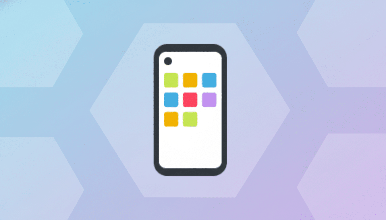 A smartphone icon with colorful app squares on a professional flat design background with soft patterns and gradients.