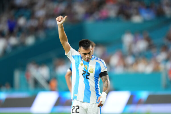 MIAMI GARDENS, FLORIDA - OCTOBER 10: Lautaro Martínez of Argentina reacts during the International Friendly between Argentina and Venezuela at Hard Rock Stadium on October 10, 2025 in Miami Gardens, Florida. (Photo by Rich Storry/Getty Images)