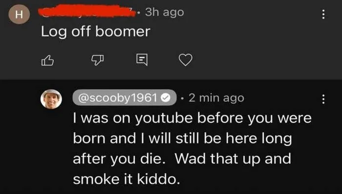 Comment exchange on social media: A user tells another to "Log off boomer." The reply boasts about online longevity and dismisses the initial comment