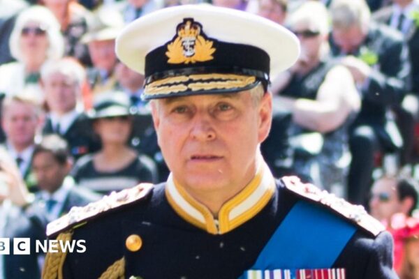 Prince Andrew stands with his back against a stone wall