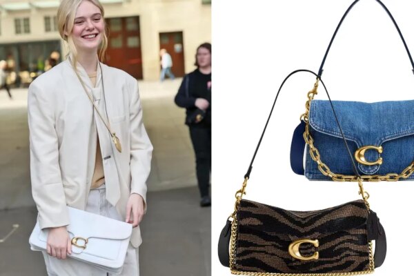 elle fanning smiling while holding an oversized white tabby bag; two tabby bags, one in denim and one in a leopard print, over white background