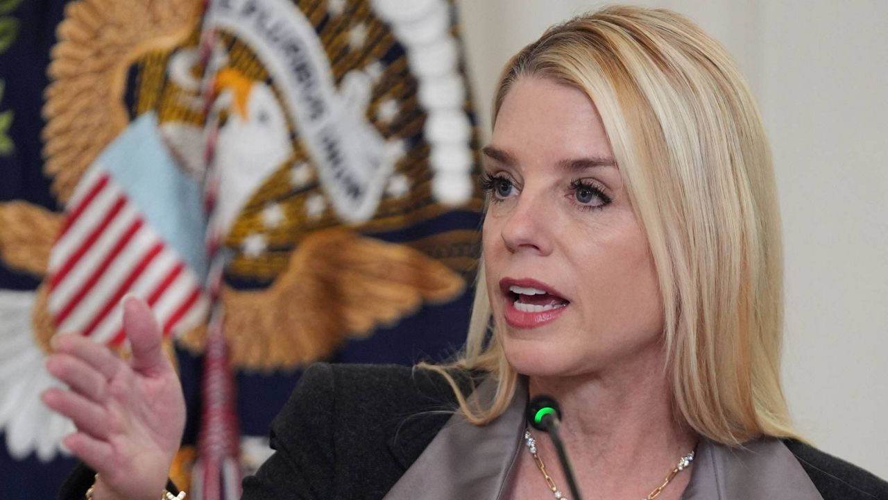 Attorney General Pam Bondi speaks during a roundtable on criminal cartels with President Donald Trump in the State Dining Room of the White House, Thursday, Oct. 23, 2025, in Washington. (AP Photo/Evan Vucci)