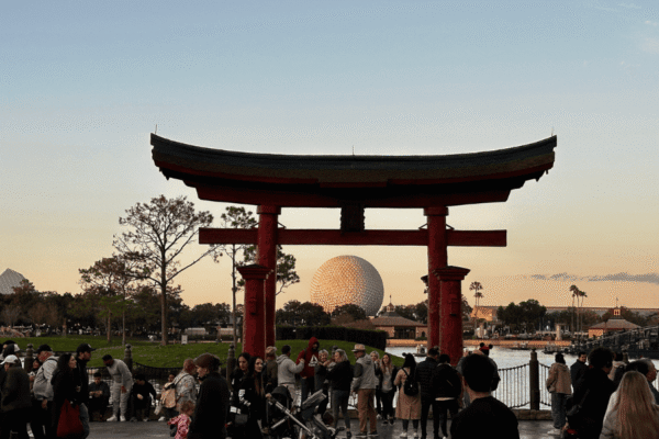 Spaceship Earth at EPCOT framed from the arch in the Japan Pavilion in World Showcase. At EPCOT in Walt Disney World Resort