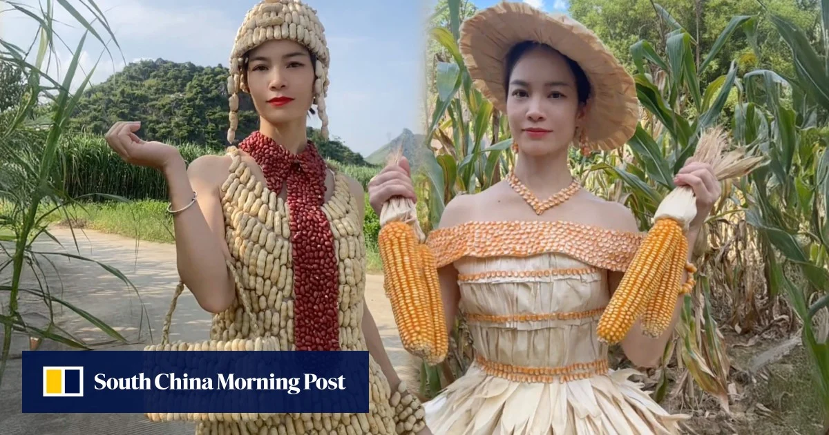 China woman makes dresses from peanut shells, corn kernels, turning farmland into catwalk