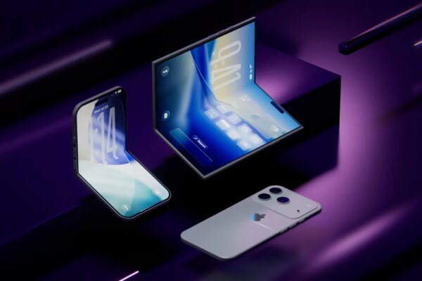 Potential iPhone foldable designs: a clamshell on the left and book-style foldable on the right, with a flat iPhone on the bottom.
