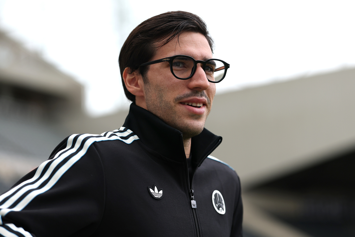 NEWCASTLE UPON TYNE, ENGLAND - SEPTEMBER 13: Sandro Tonali of Newcastle United arrives at the ground prior to kick off wearing the new Adidas terrace icons track top and glasses during the Premier League match between Newcastle United and Wolverhampton Wanderers at St James