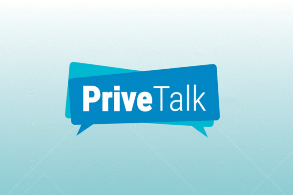 The PriveTalk logo, featuring the word PriveTalk in white text on a blue speech bubble, set against a professional flat design background with soft blue gradients and subtle patterns.
