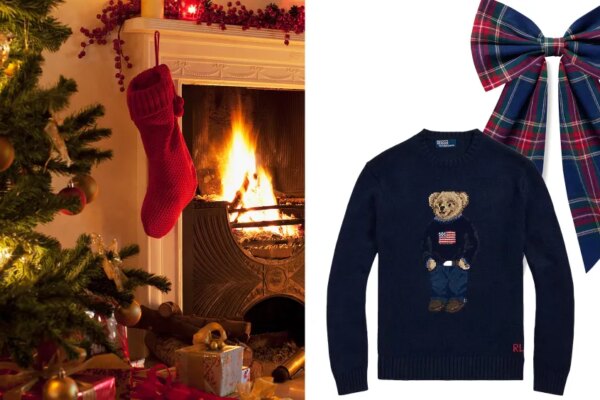 christmas vignette featuring tree, red stocking, burning fire; a holiday ralph lauren sweater and plaid bow over white background