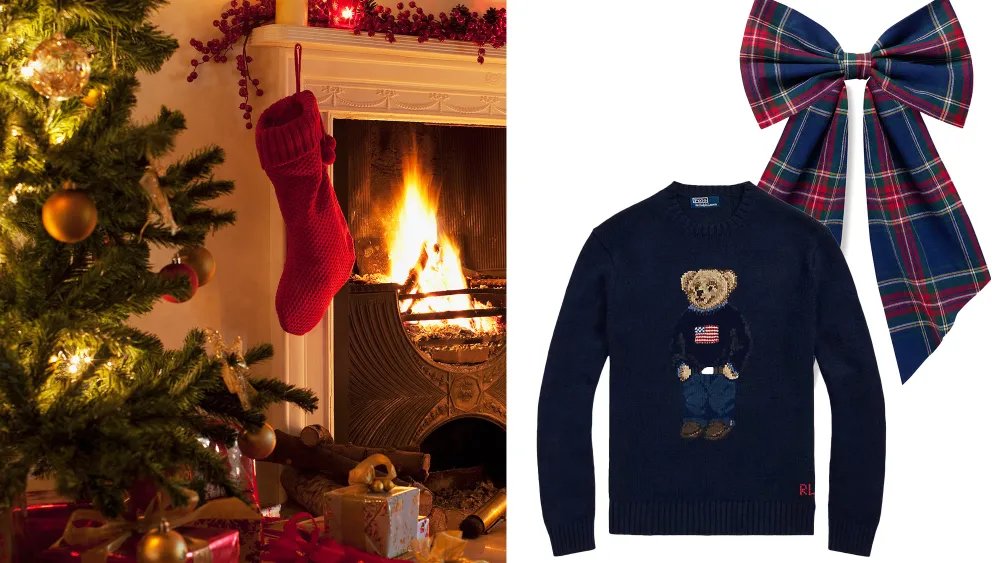 christmas vignette featuring tree, red stocking, burning fire; a holiday ralph lauren sweater and plaid bow over white background