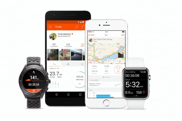 A black smartwatch, a black smartphone displaying a profile screen, a white smartphone displaying a running app, and a white Apple Watch displaying a workout summary, all arranged on a white background.